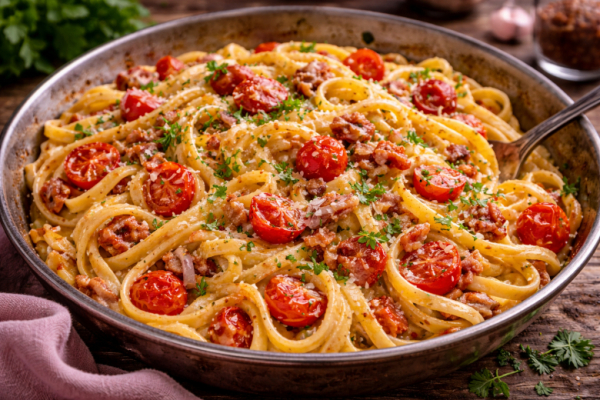 Делать 20 минут, вкус как в кафе: паста на все случаи жизни &mdash; сливочная, с беконом и томатами